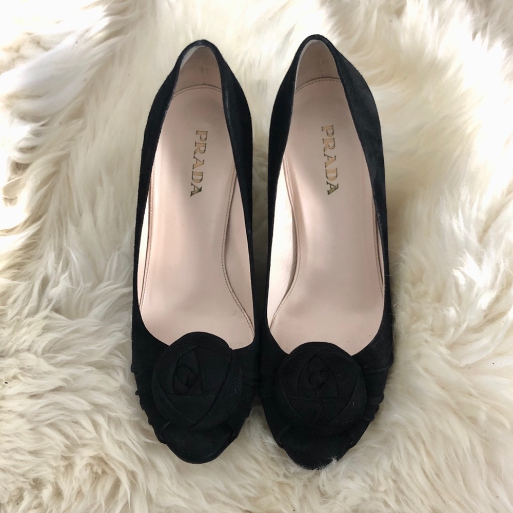 Prada Black Suede Rosette Pumps